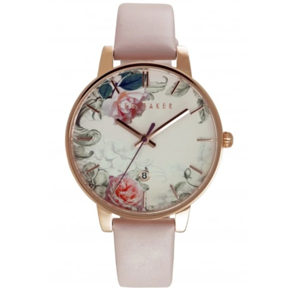 TED BAKER WOMENS FLORAL DIAL PINK LEATHER ROSE GOLD DATE WATCH - Picture 1 of 13